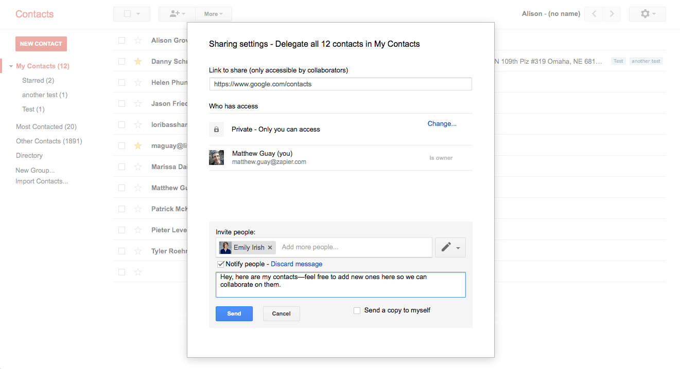 Google contact sharing with delegation