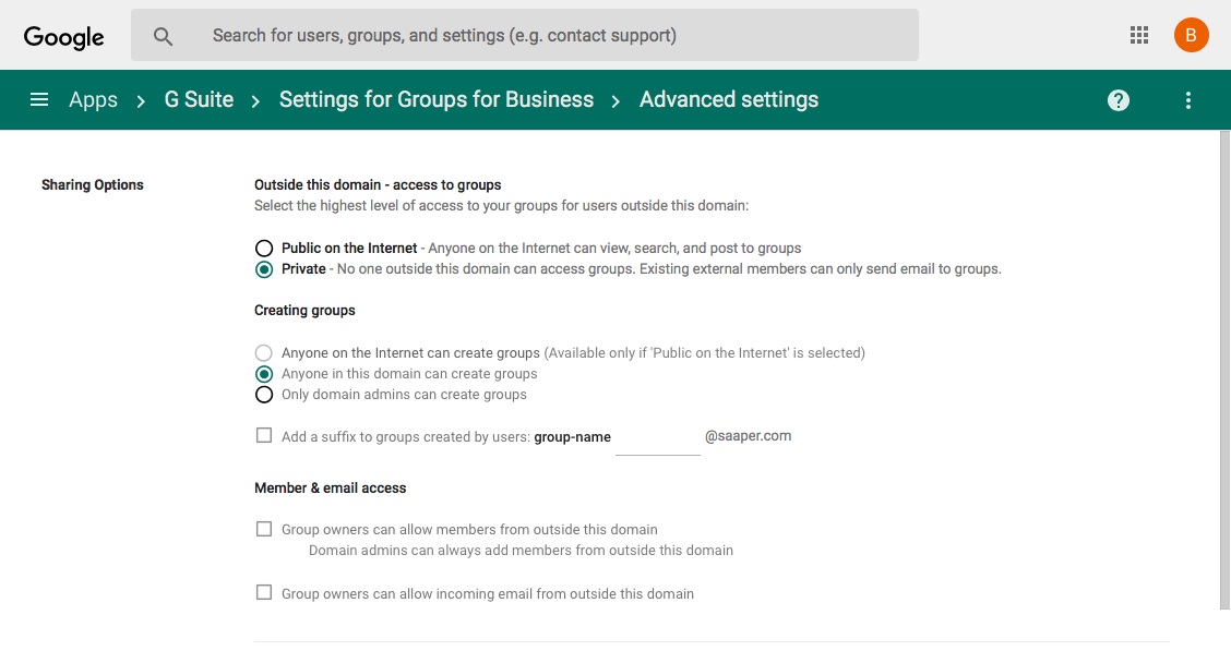 G Suite Google Groups settings
